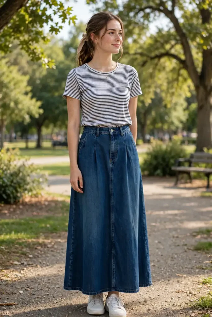 15 Modest Girly Outfit Ideas (Covered, But Make It Chic) 15 modest 14 denim maxi skirt striped top sneakers