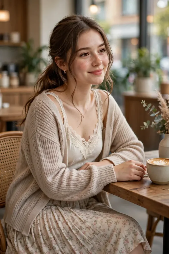 15 Modest Girly Outfit Ideas (Covered, But Make It Chic) 16 modest 15 lace trim cami cardigan midi skirt