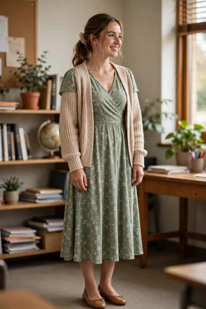 13 Stylish Teacher Outfits (That Survive Real School Days) 2 teacher 01 midi dress cardigan flats