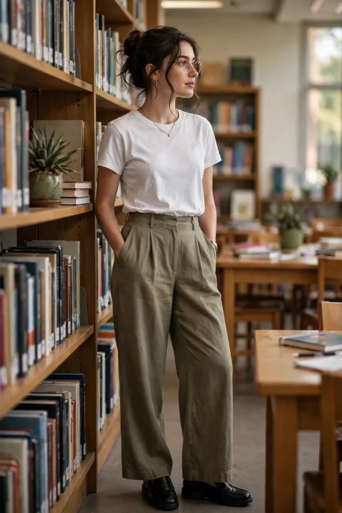 13 Stylish Teacher Outfits (That Survive Real School Days) 4 teacher 03 wide leg trousers tucked tee loafers