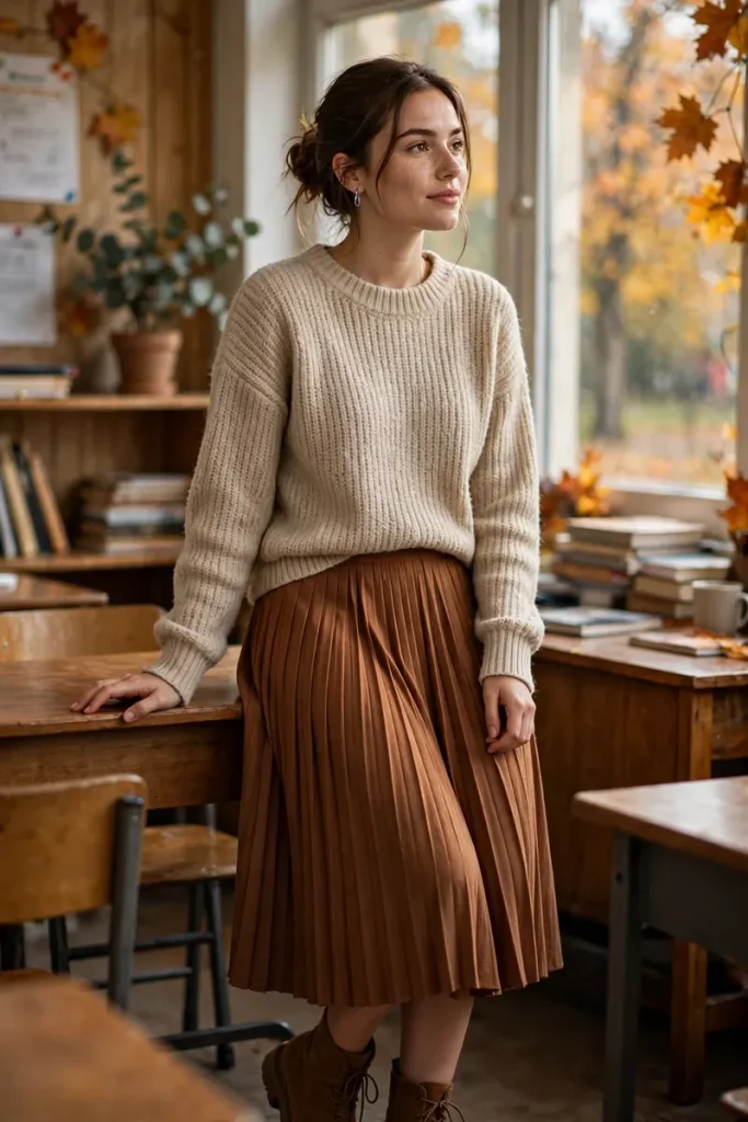 13 Stylish Teacher Outfits (That Survive Real School Days) 5 teacher 04 sweater pleated midi skirt boots
