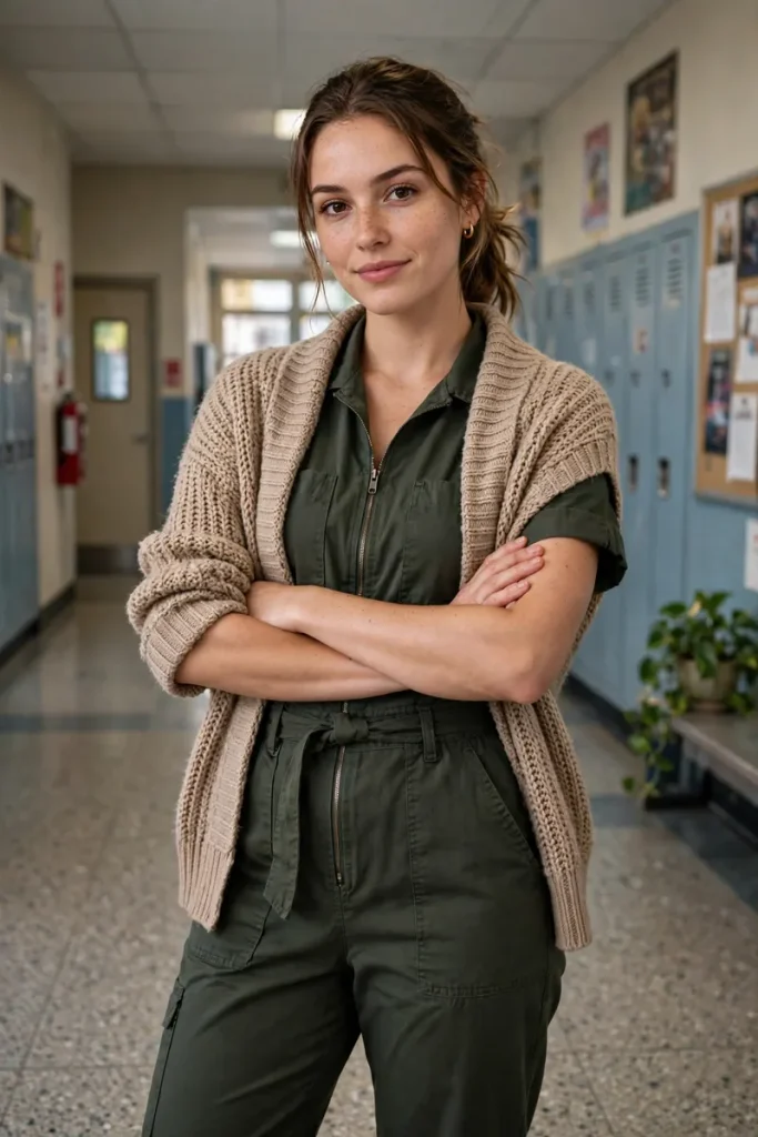13 Stylish Teacher Outfits (That Survive Real School Days) 7 teacher 06 jumpsuit cardigan one piece