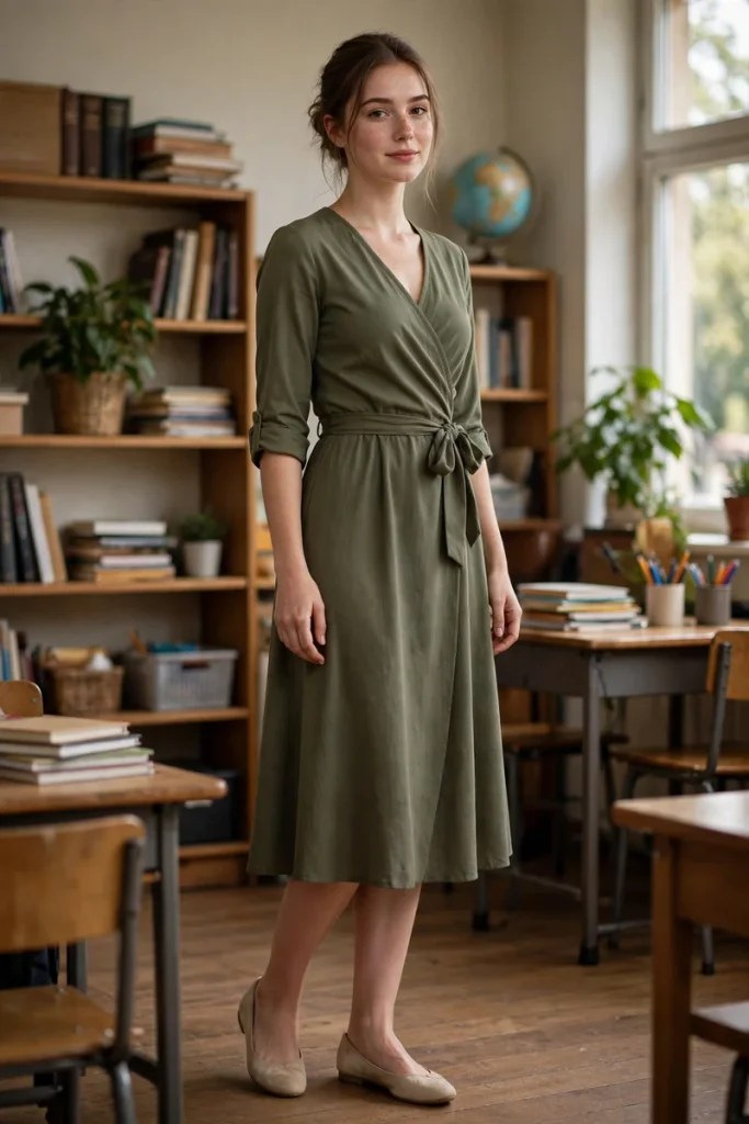 13 Stylish Teacher Outfits (That Survive Real School Days) 9 teacher 08 wrap dress flats