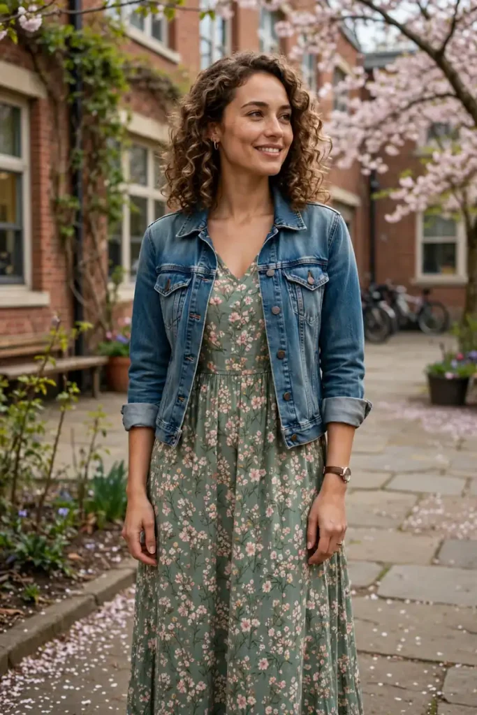 13 Stylish Teacher Outfits (That Survive Real School Days) 11 teacher 10 maxi dress denim jacket spring