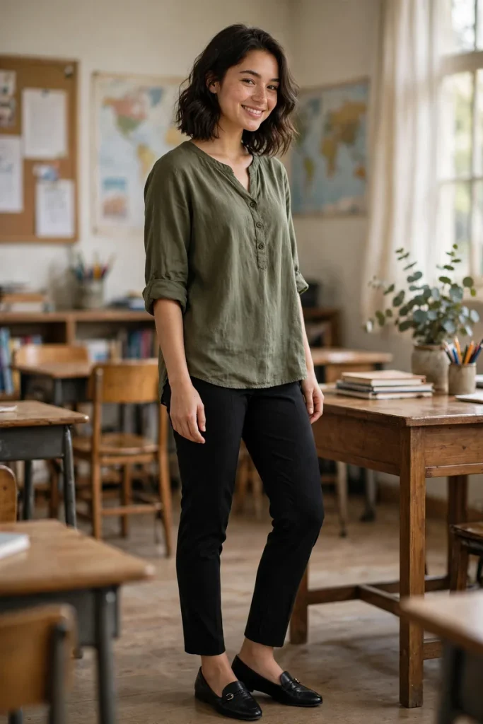 13 Stylish Teacher Outfits (That Survive Real School Days) 12 teacher 11 ponte pants tunic flats