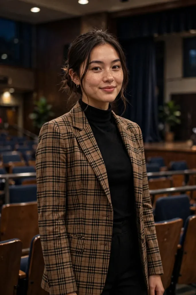 13 Stylish Teacher Outfits (That Survive Real School Days) 13 teacher 12 plaid blazer black pants conference