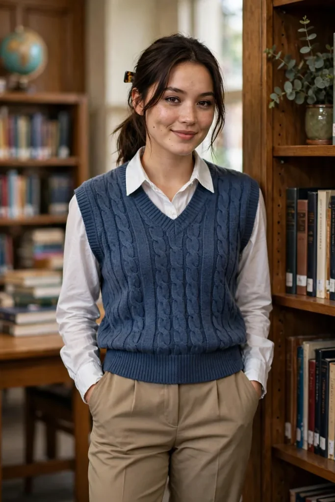 13 Stylish Teacher Outfits (That Survive Real School Days) 14 teacher 13 sweater vest collared shirt trousers