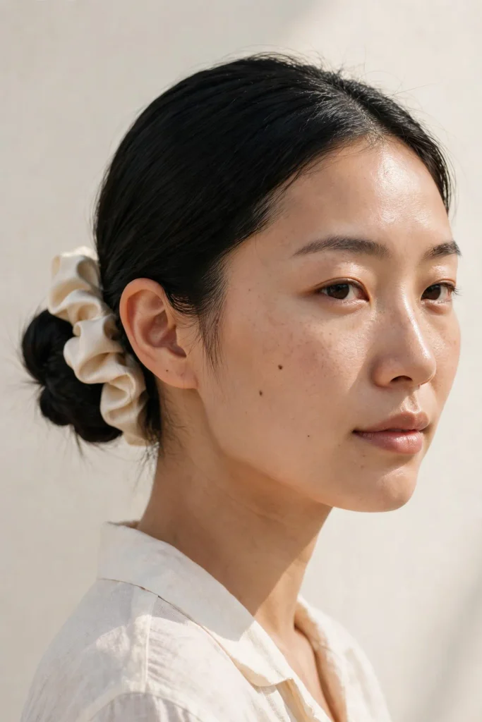 17 Hot Weather Hairstyles That Actually Survive the Heat 4 03 low bun silk scrunchie