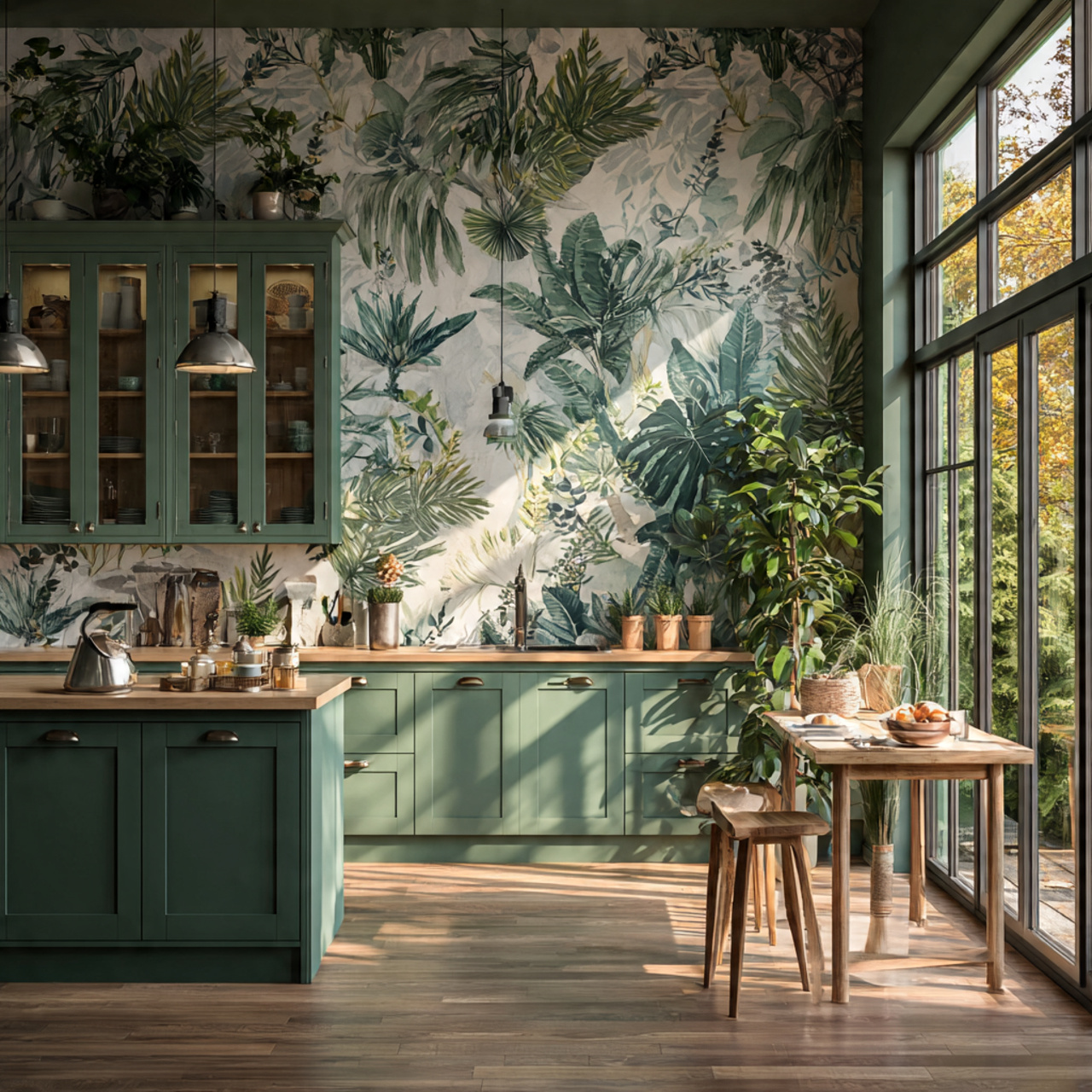 15 Green Kitchen Ideas 2026: The Easiest Ways to Make Your Kitchen Look Fresh and Beautiful 14 Botanical Print Kitchen Wallpaper