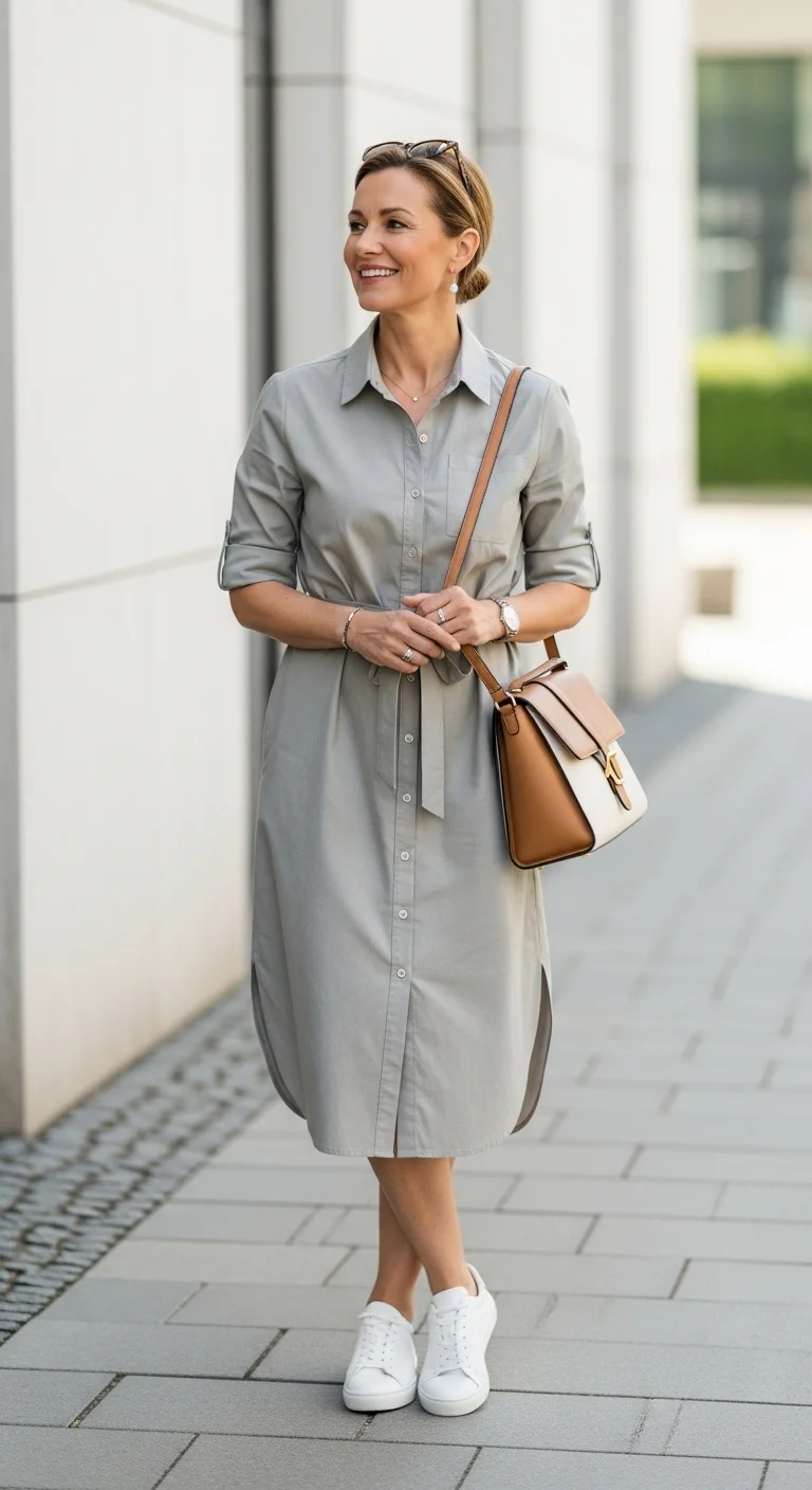 Discover Cozy Spring Outfits for Women Over 50 That Feel as Good as They Look 20 Casual Shirt Dress with Sneakers