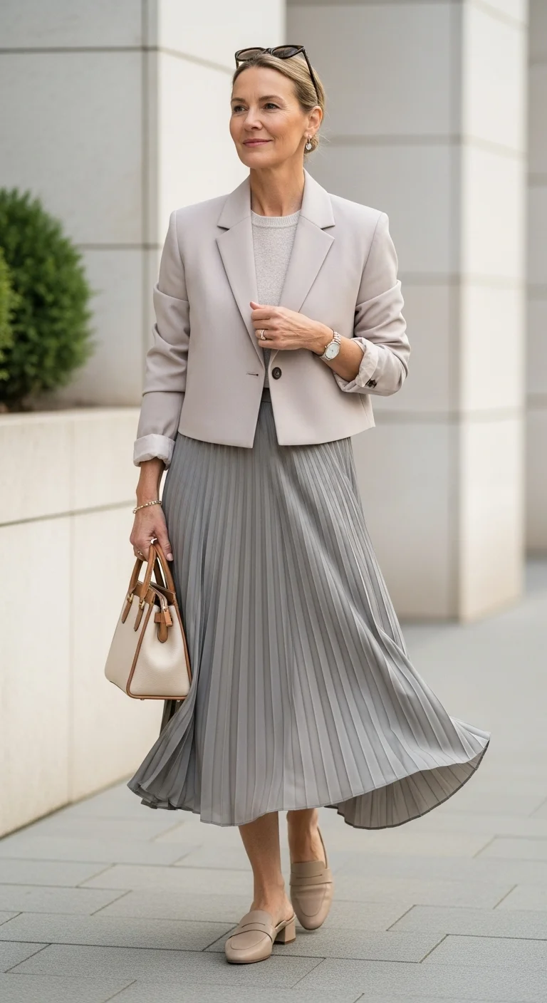 Discover Cozy Spring Outfits for Women Over 50 That Feel as Good as They Look 21 Cropped Blazer with a Pleated Skirt