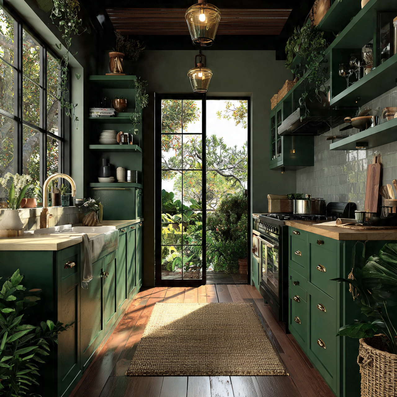 15 Green Kitchen Ideas 2026: The Easiest Ways to Make Your Kitchen Look Fresh and Beautiful 6 Dark Green Open Shelving