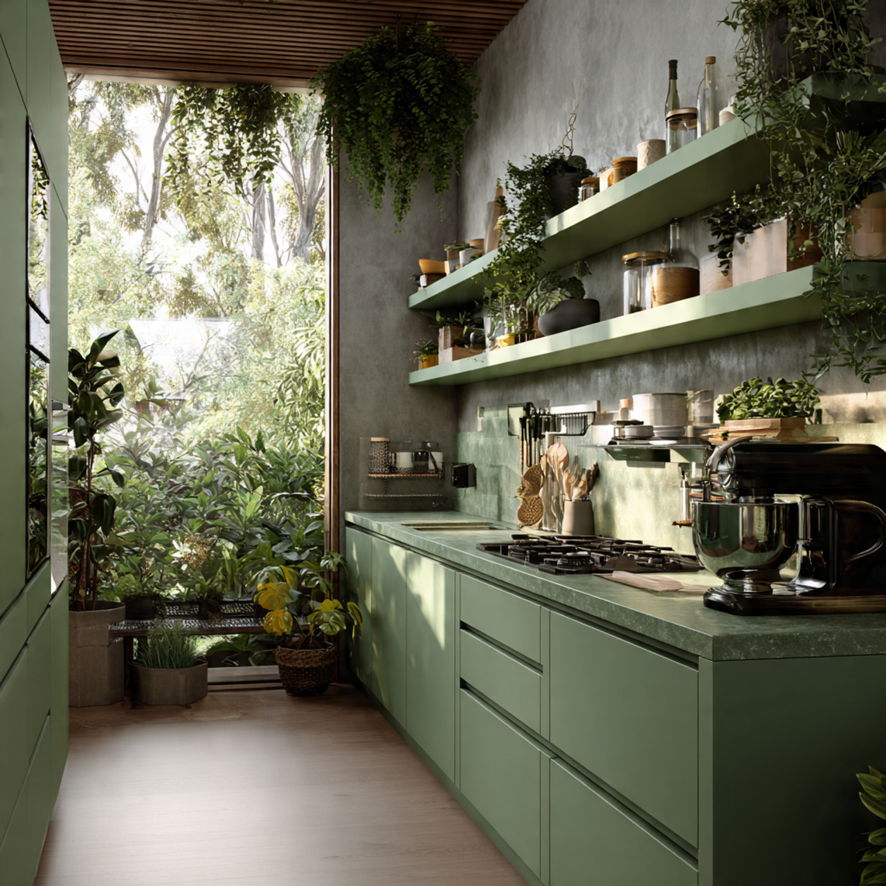 15 Green Kitchen Ideas 2026: The Easiest Ways to Make Your Kitchen Look Fresh and Beautiful 15 Green Floating Kitchen Shelves with Plants