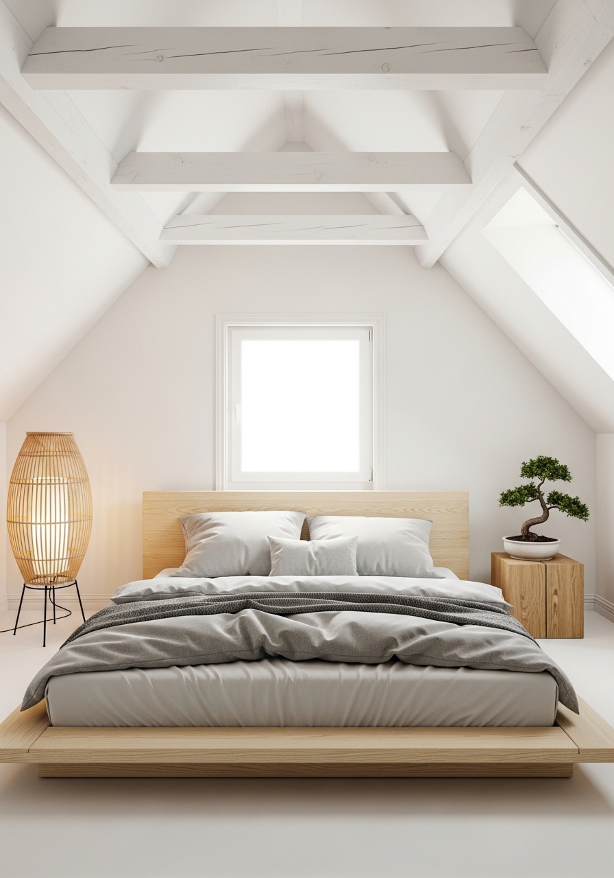 13 Attic Bedroom Ideas 2026 That Will Make You Fall in Love with Your Rooftop Space 6 Japandi Minimalist Attic Bedroom