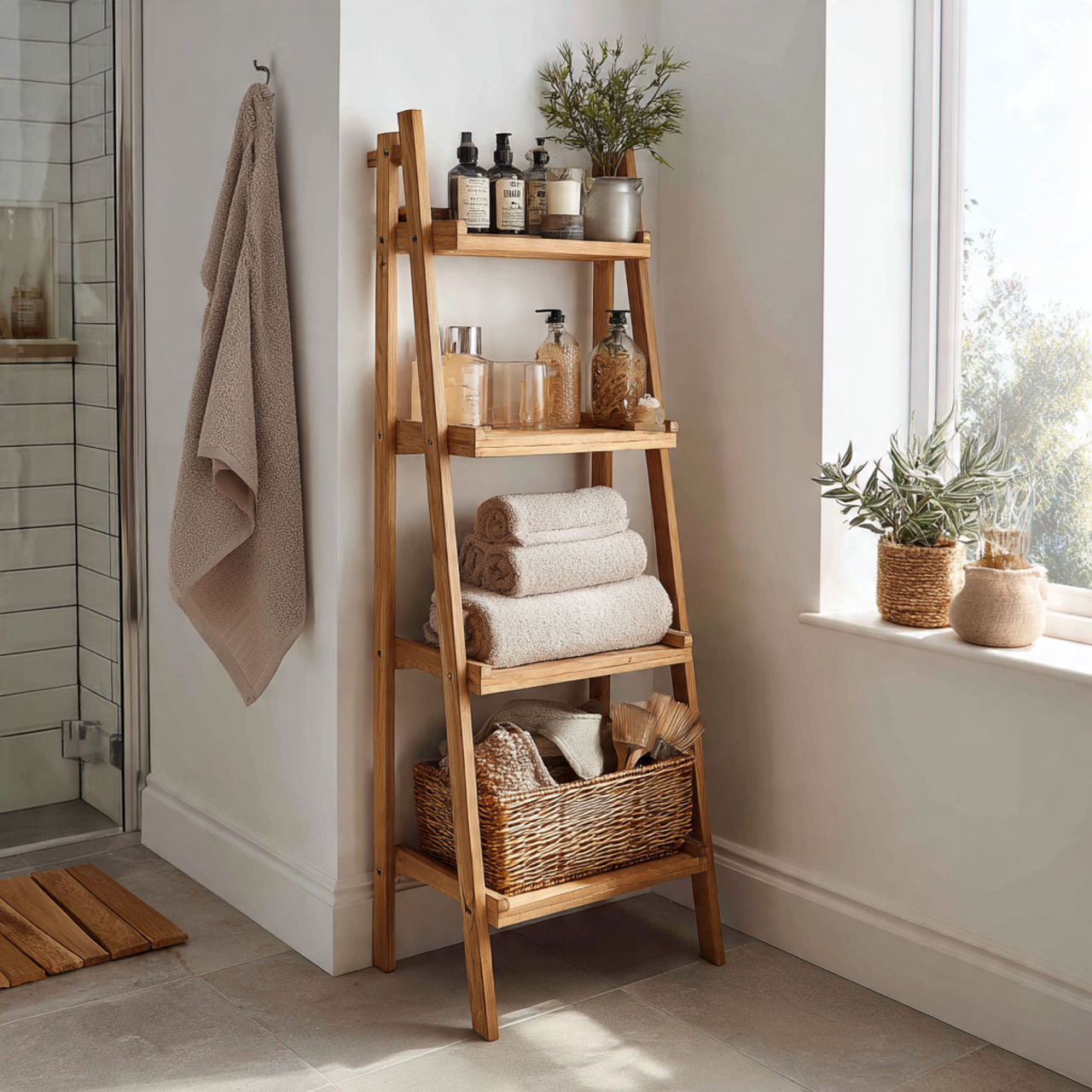 13 Bathroom Storage Ideas for Small Spaces That Make Bathrooms Look Twice as Big 10 Ladder Shelf or Leaning Shelf