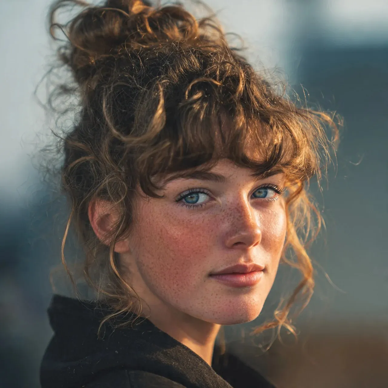 14 Stunning Ways to Rock Curtain Bangs on Curly Hair 9 Messy Curly Bun with Curtain Bangs