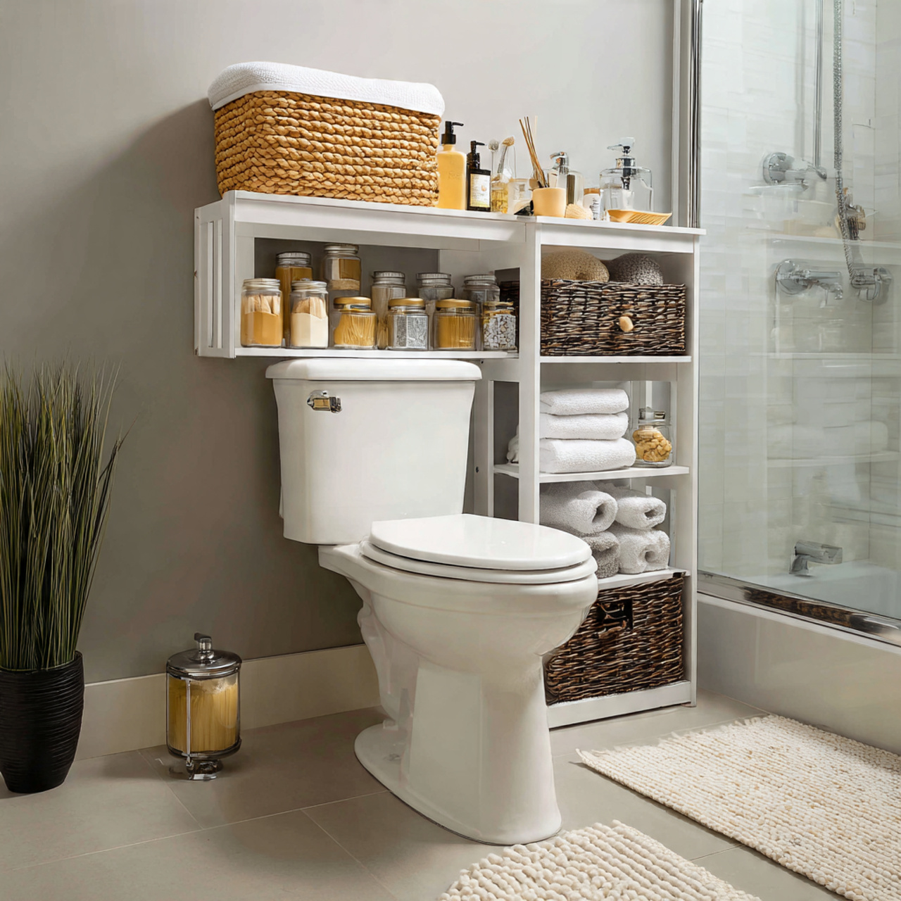 13 Bathroom Storage Ideas for Small Spaces That Make Bathrooms Look Twice as Big 2 Over-the-Toilet Shelving Unit