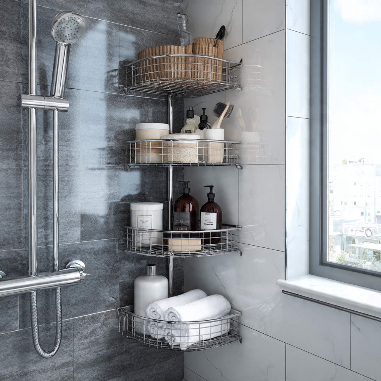 13 Bathroom Storage Ideas for Small Spaces That Make Bathrooms Look Twice as Big 4 Shower Caddy or Corner Shower Organizer