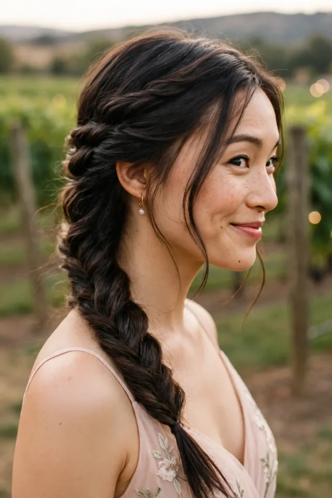 13 Wedding Guest Hairstyles, Chosen Like Entrées on an RSVP Card 6 05 loose fishtail side braid