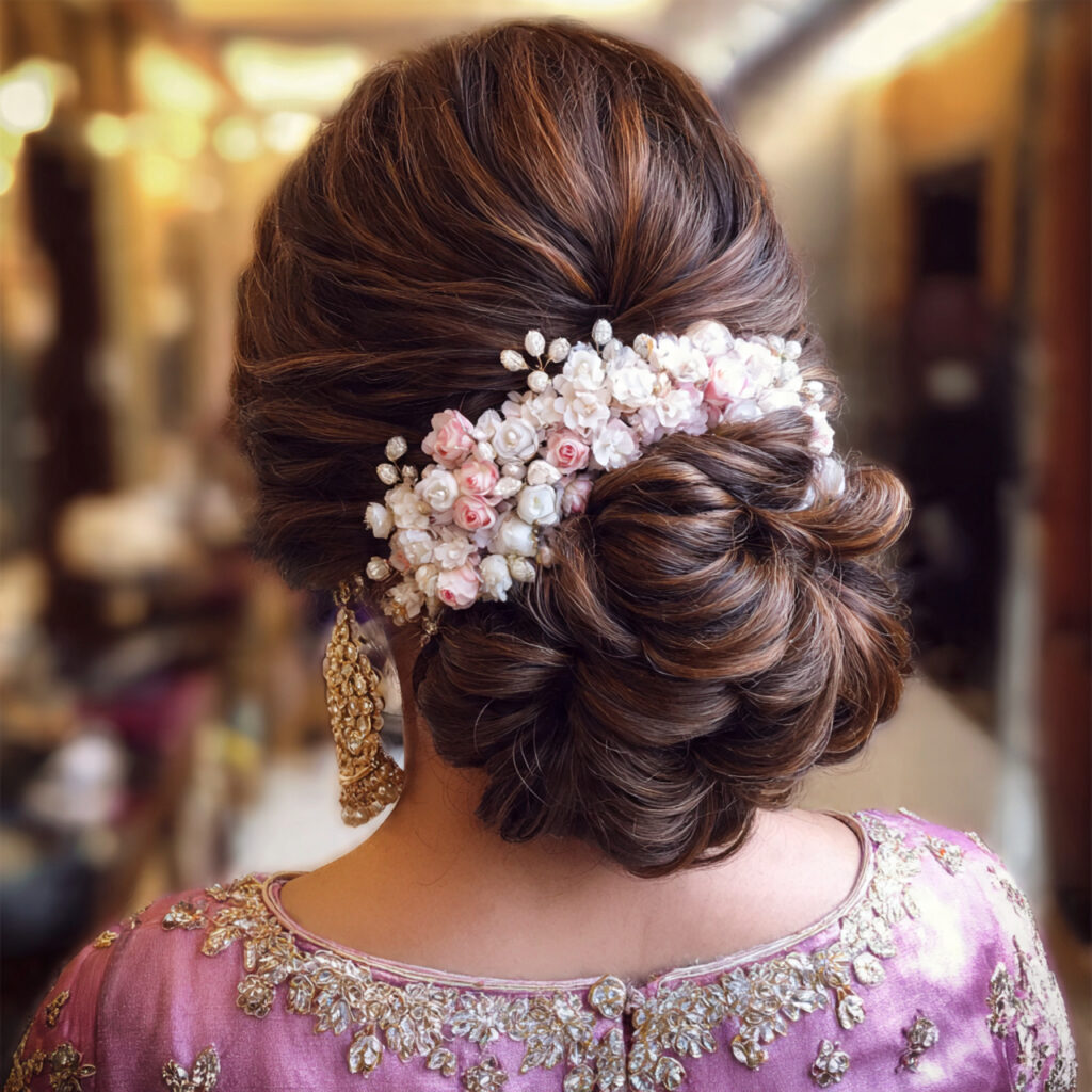 15 Engagement Hairstyle Ideas That Are Romantic, Chic, and Seriously Photo-Ready 12 floral bun hairstyle for engagement hairstyle