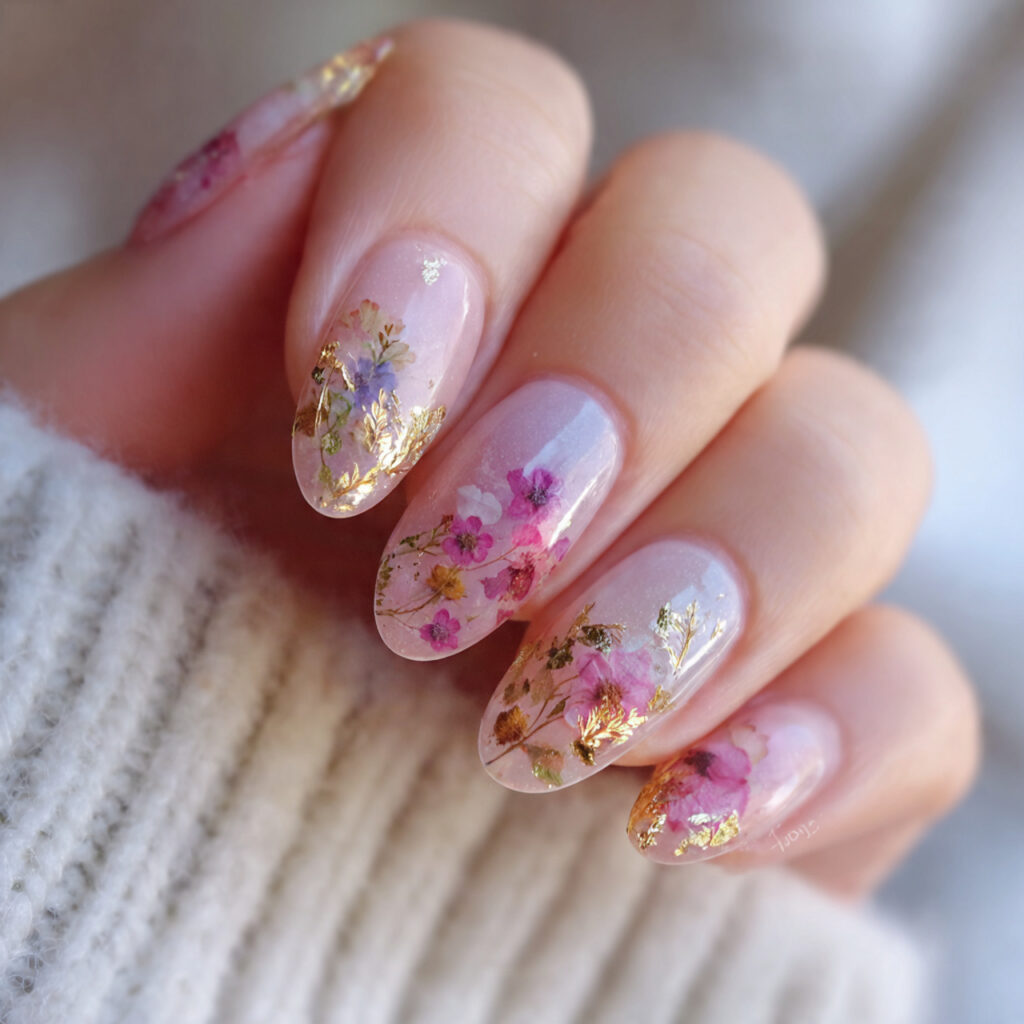 14 Korean Nail Art Ideas: The Cutest, Glossiest Designs You’ll Want Immediately 14 floral pressed petal nails for korean nail art