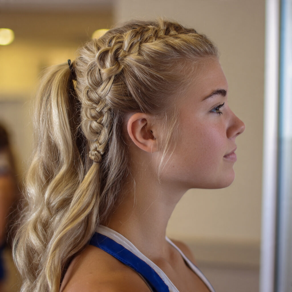 13 Volleyball Hairstyles Ideas That Are Cute, Game-Ready, and Actually Stay Put 9 half up braided ponytailfor volleyball hairstyles