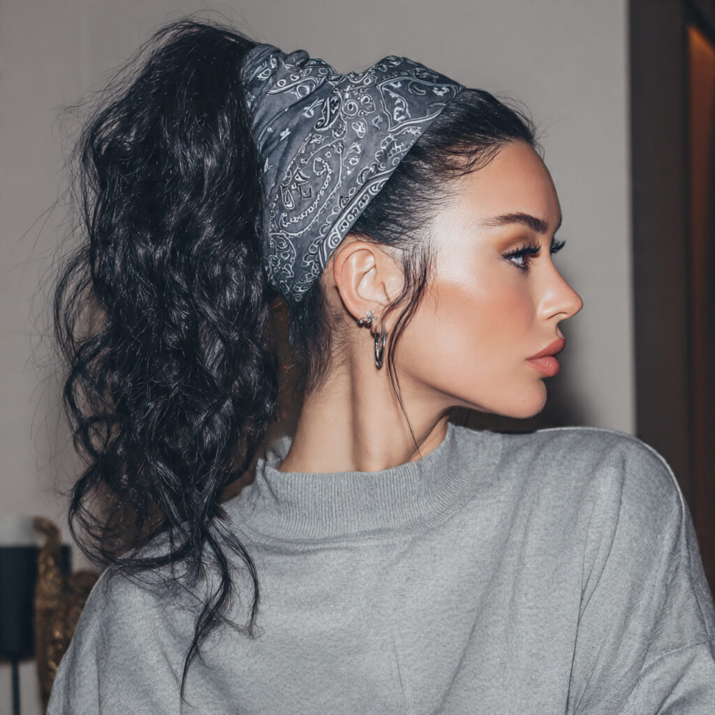 13 Bandana Hairstyle Ideas That Make Any Bad Hair Day Look Planned 3 high ponytail with a bandana wrap