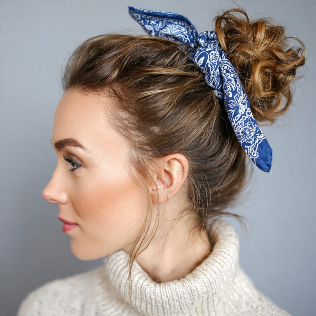 13 Bandana Hairstyle Ideas That Make Any Bad Hair Day Look Planned 4 messy bun with a knotted bandana