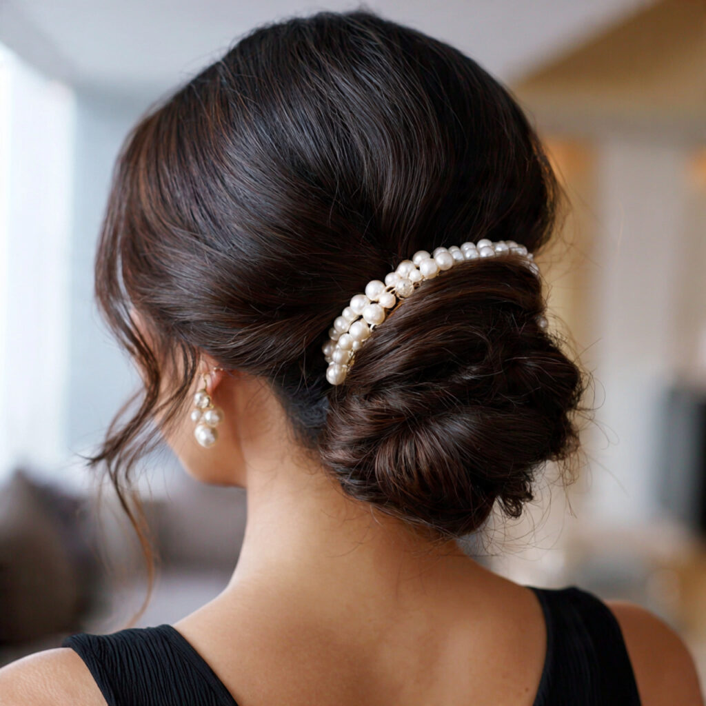13 Wedding Guest Hairstyles That Look Expensive, Stay Put, and Photograph Like a Dream 14 pearl clip low bun for wedding guest hairstyles