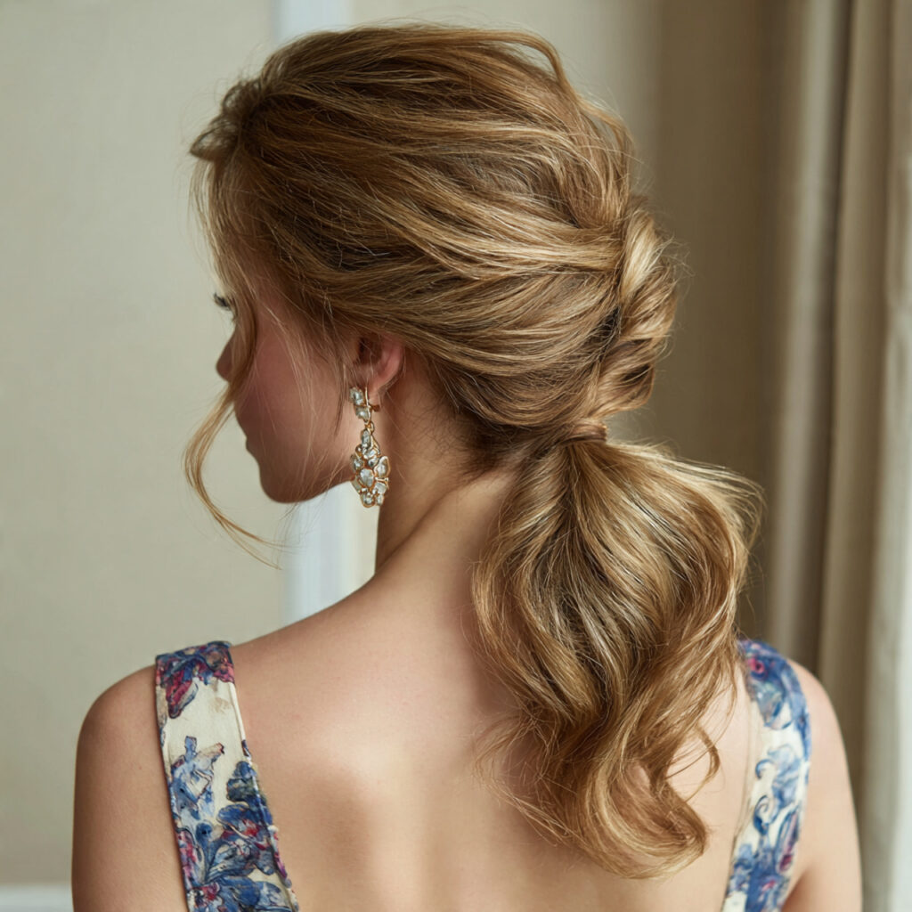 13 Wedding Guest Hairstyles That Look Expensive, Stay Put, and Photograph Like a Dream 4 romantic low ponytail for wedding guest hairstyles