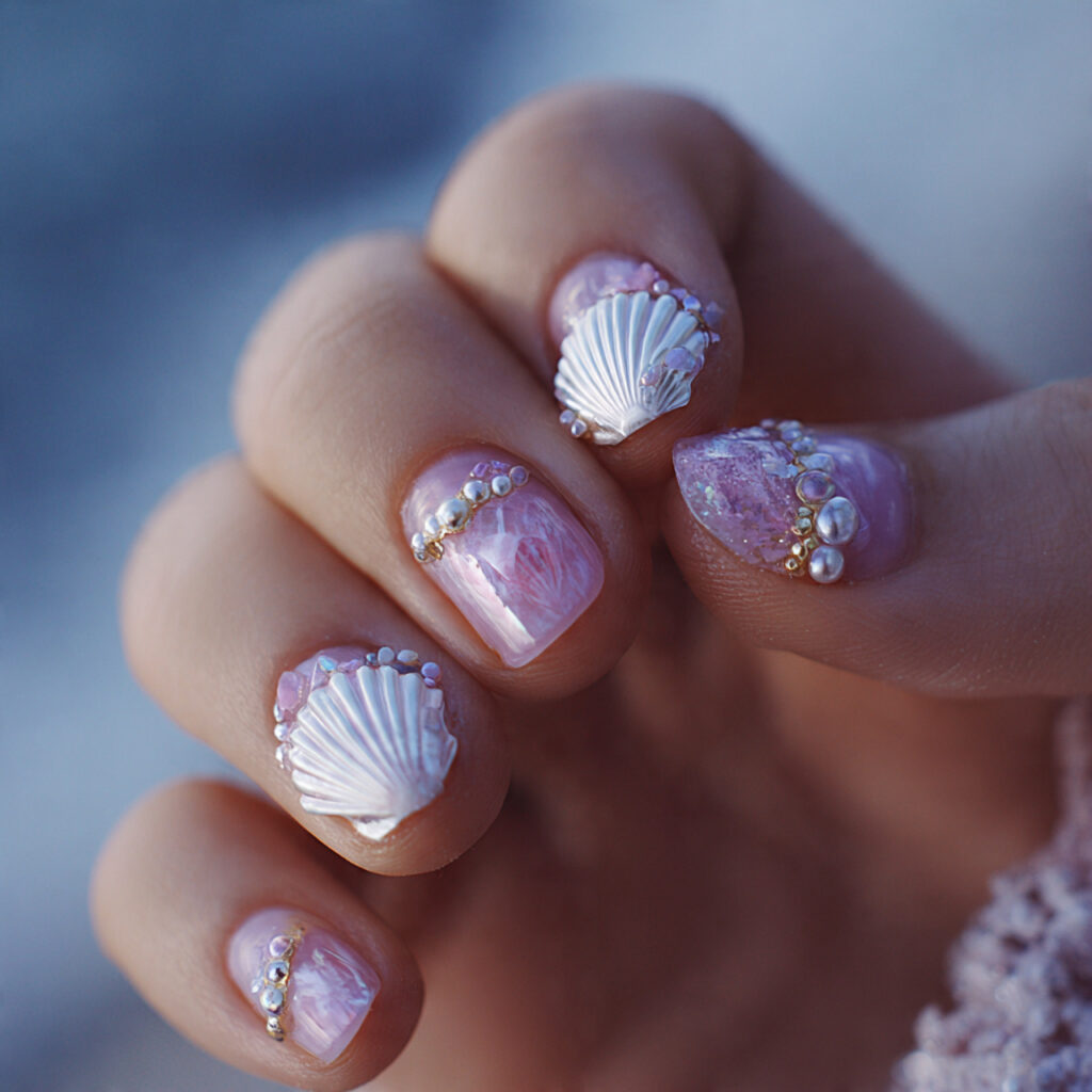 13 3D Nail Art Ideas: Cute, Bold, and Totally Doable Designs 9 seashell mermaid pearl set nails