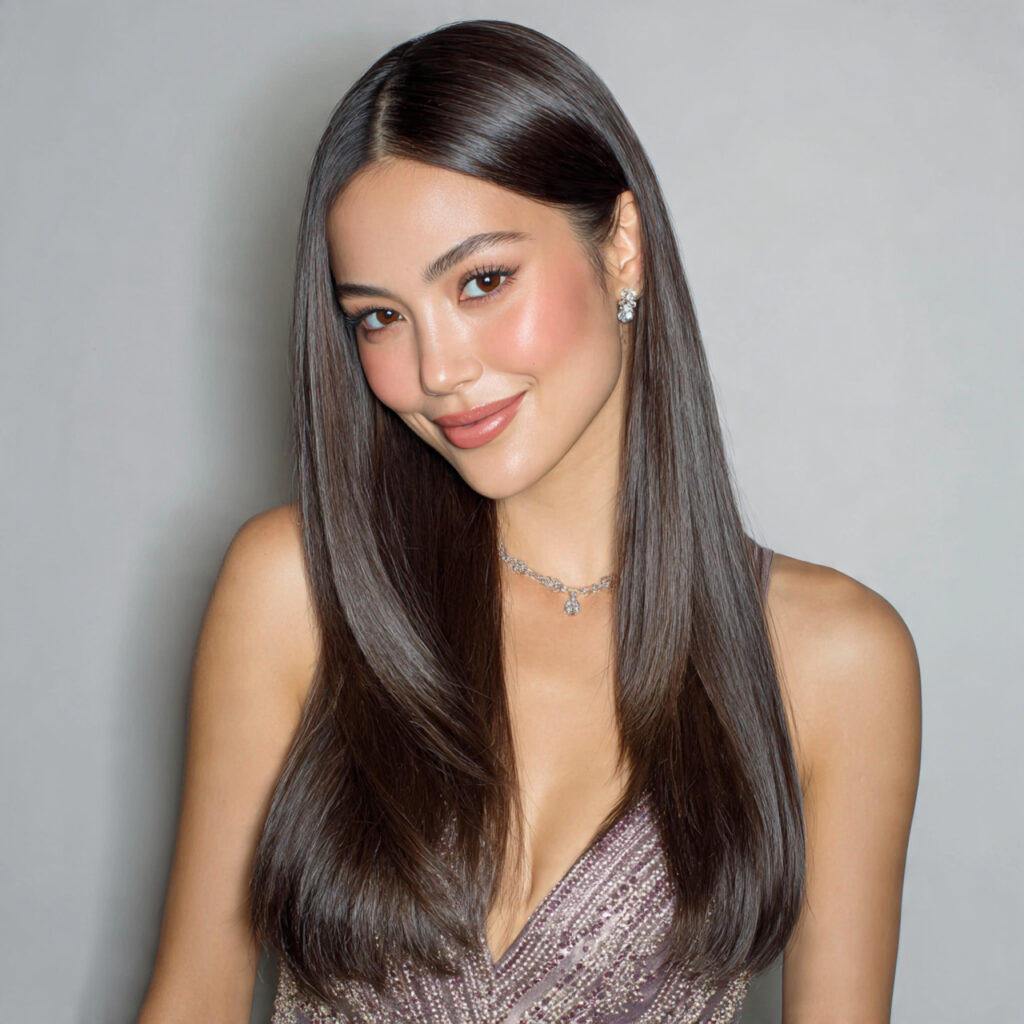 15 Engagement Hairstyle Ideas That Are Romantic, Chic, and Seriously Photo-Ready 15 straight hair with a polished center part for enga