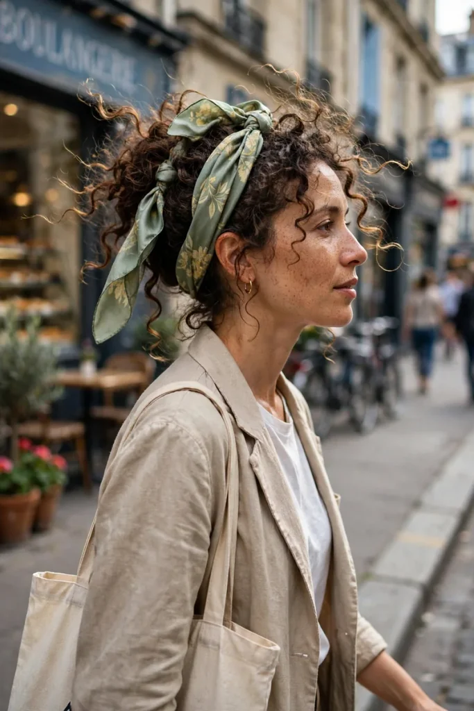 14 Curly Hairstyles Worn Down, Pulled From One Actual Week of My Own Hair Diary 11 10 loose scarf tie