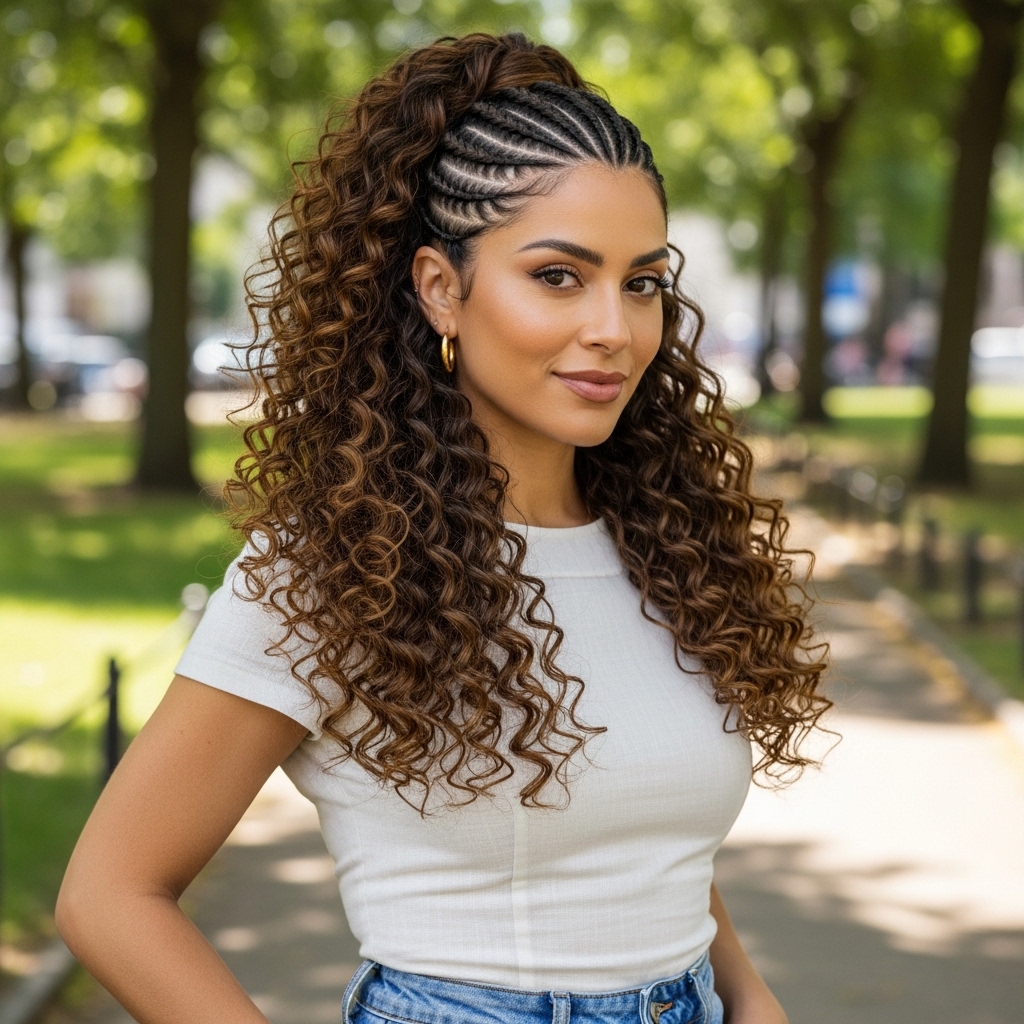 15 Curly Ponytail Hairstyles That Will Instantly Upgrade Your Entire Vibe 8 Braided Base Curly Ponytail