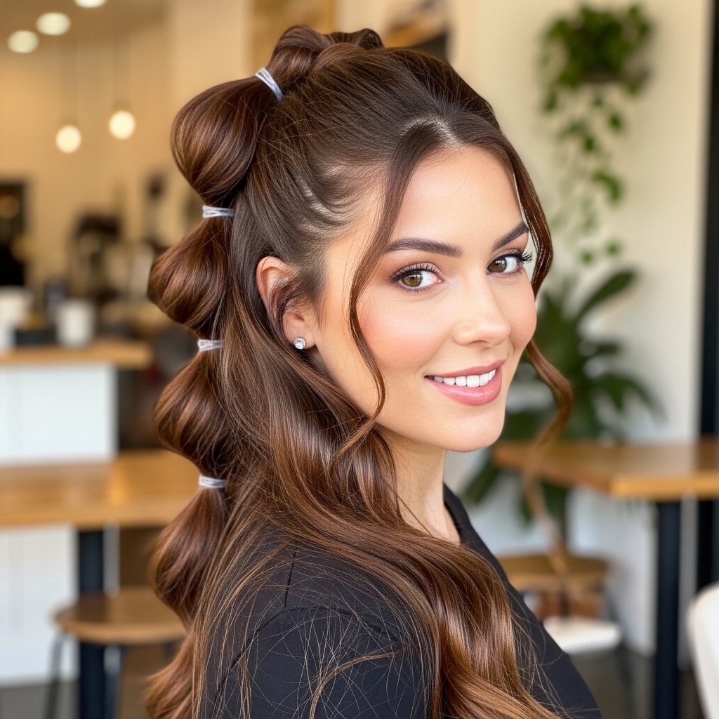 15 Curly Half-Up Half-Down Hairstyles That Are Too Cute Not to Try Right Now 12 Bubble Half-Up Ponytail
