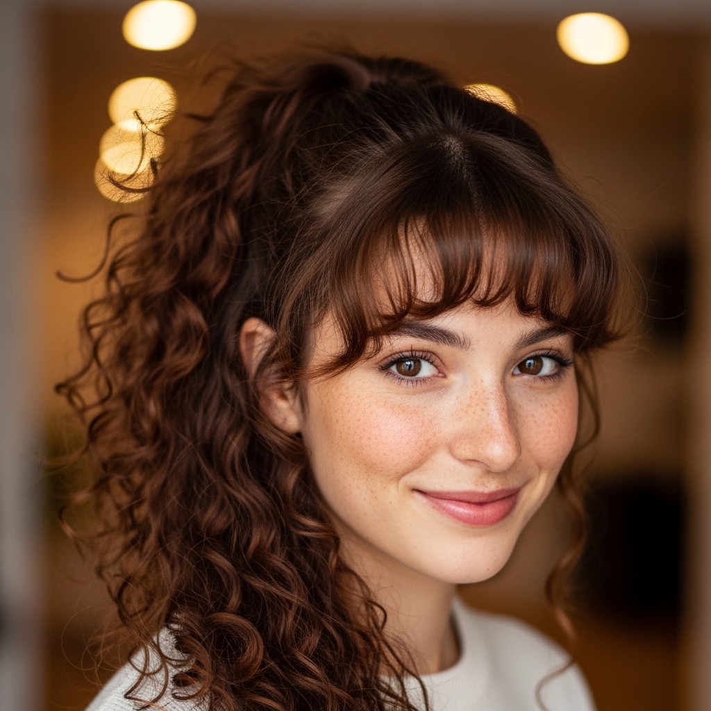 15 Curly Ponytail Hairstyles That Will Instantly Upgrade Your Entire Vibe 12 Curly Ponytail with Bangs