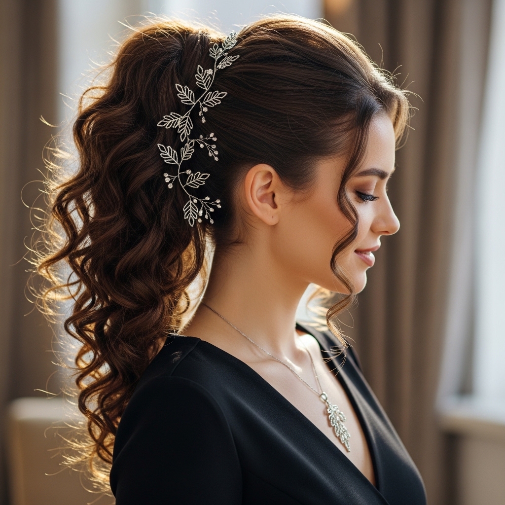 15 Curly Ponytail Hairstyles That Will Instantly Upgrade Your Entire Vibe 14 Curly Ponytail with Hair Accessories