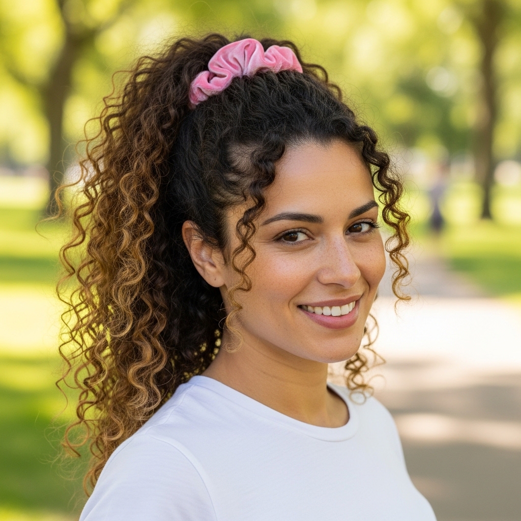 15 Curly Ponytail Hairstyles That Will Instantly Upgrade Your Entire Vibe 7 Curly Ponytail with Scrunchie