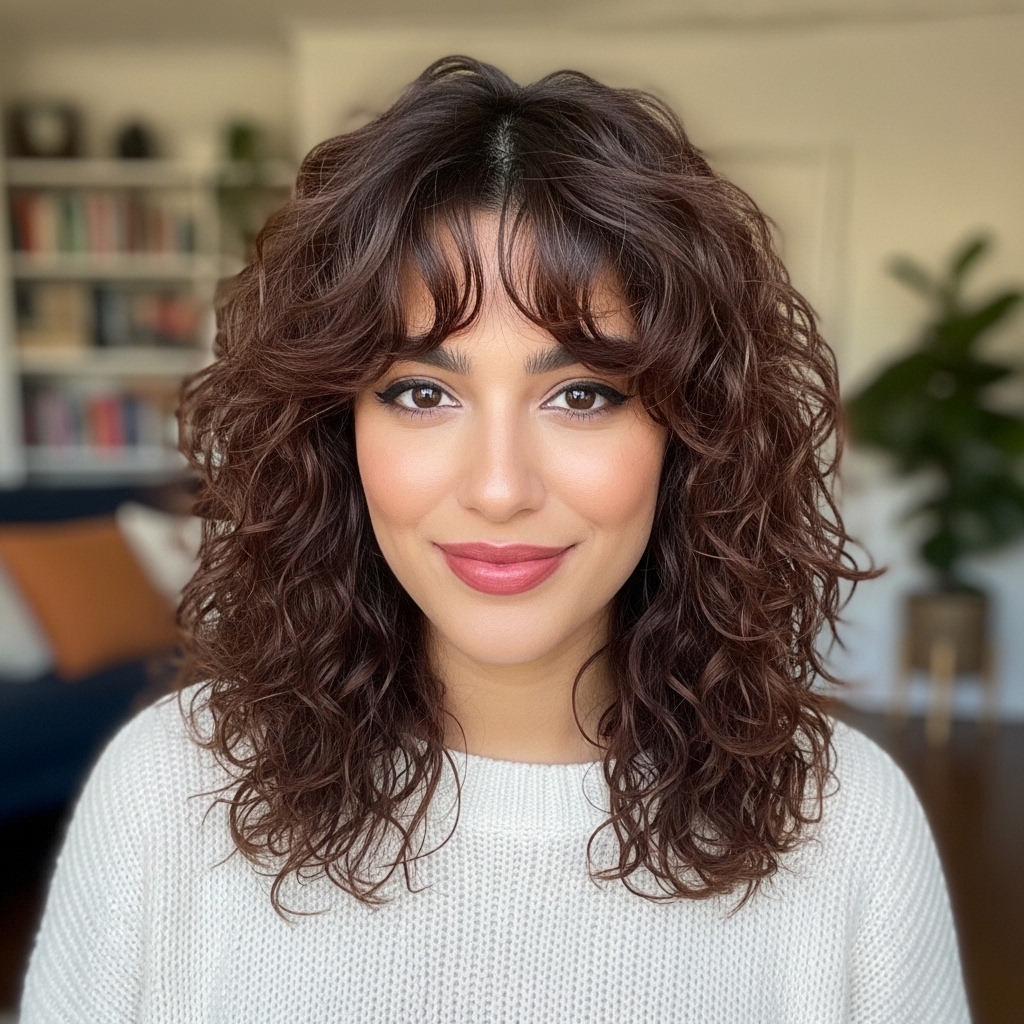15 Curly Hairstyles with Bangs That Will Instantly Upgrade Your Look (Yes, Even on Bad Hair Days) 2 Curly Shag with Curtain Bangs