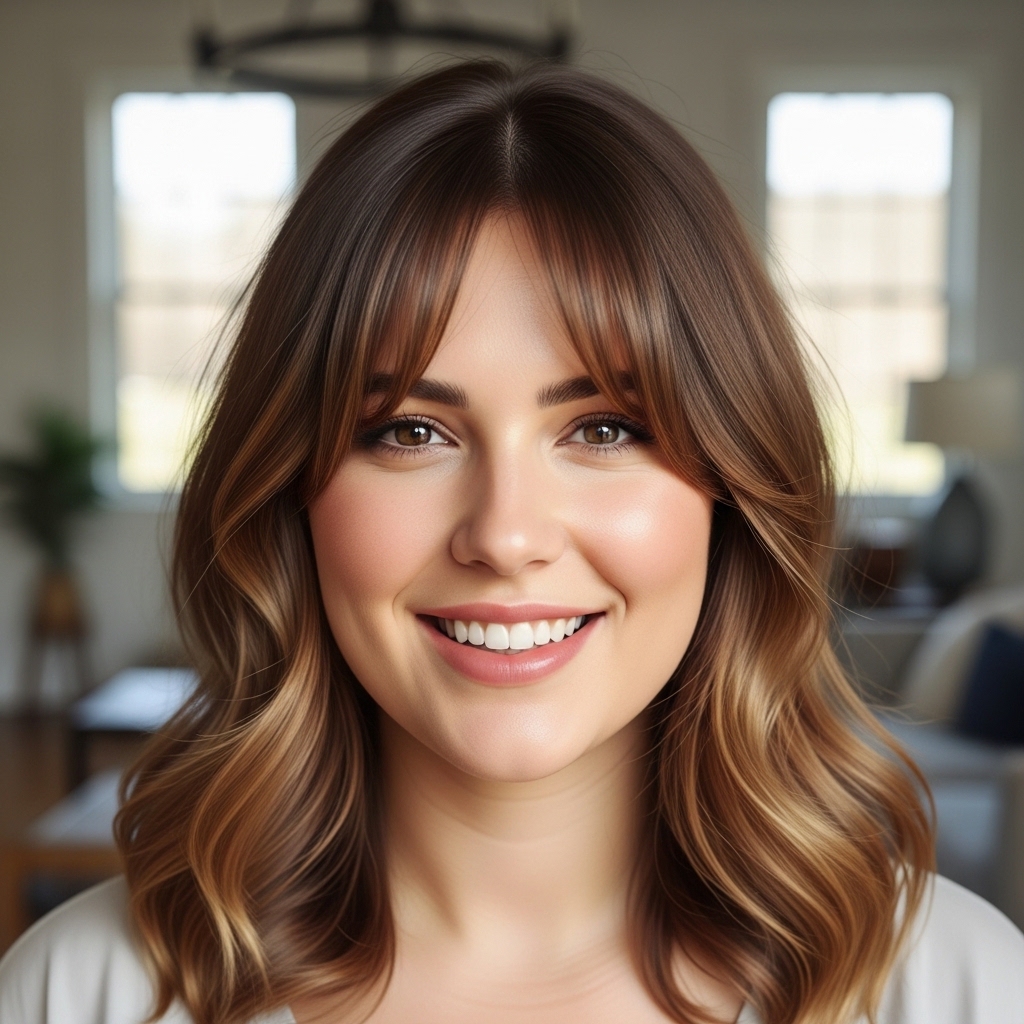 15 Round Face Hairstyles That Instantly Slim, Sculpt & Serve Main-Character Energy 3 Curtain Bangs + Medium Length Hair