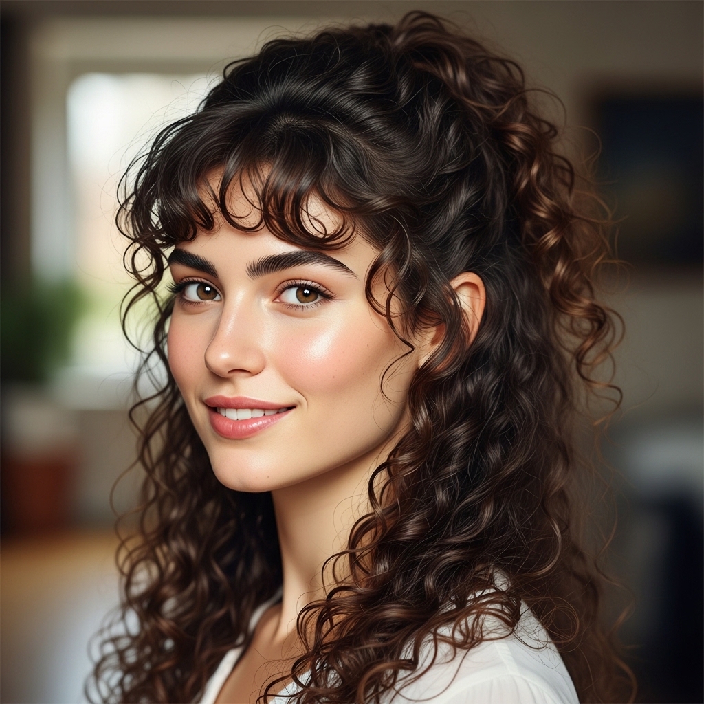 15 Curly Hairstyles with Bangs That Will Instantly Upgrade Your Look (Yes, Even on Bad Hair Days) 10 Half-Up Curly Style with Bangs