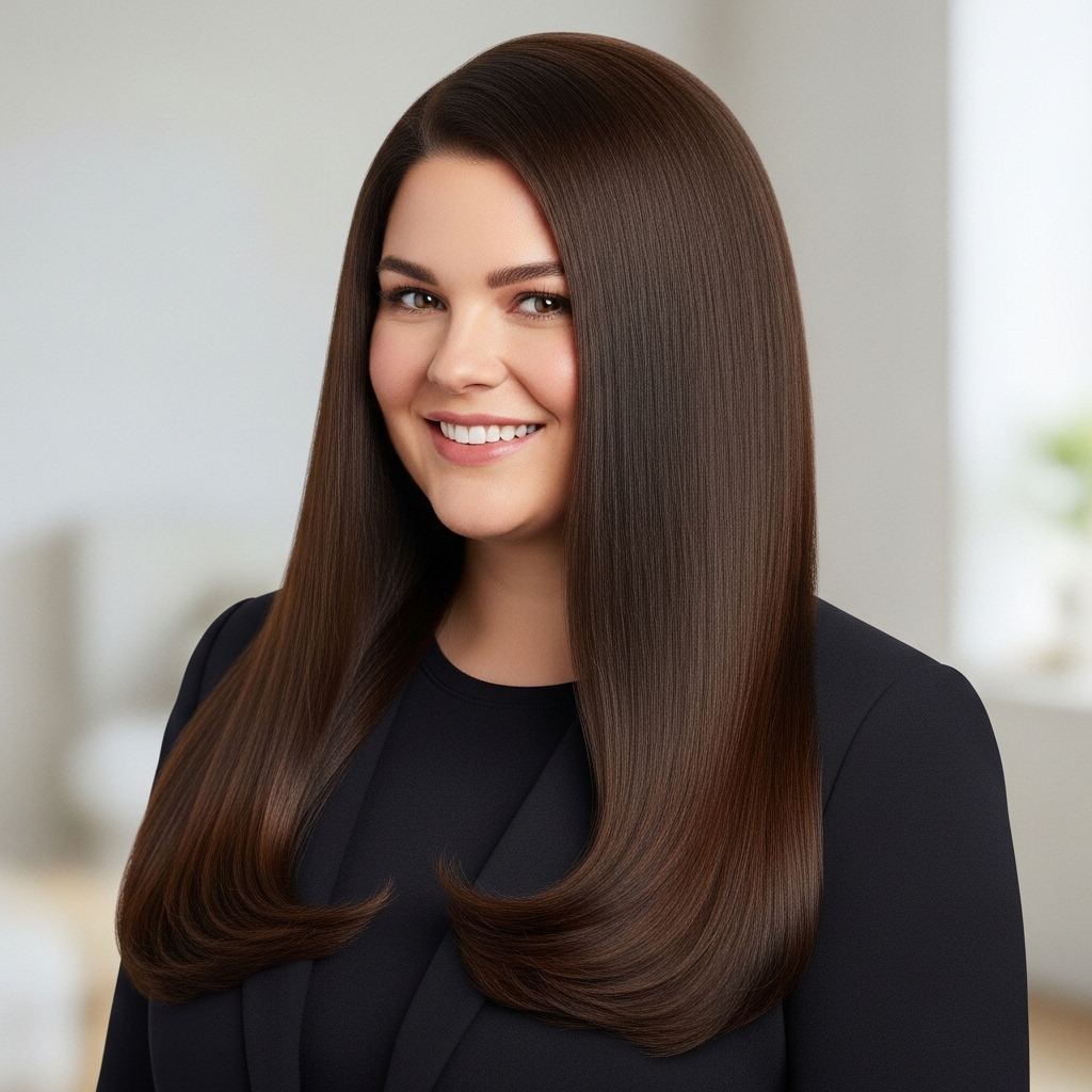 15 Round Face Hairstyles That Instantly Slim, Sculpt & Serve Main-Character Energy 6 Long Straight Hair with Volume at Crown