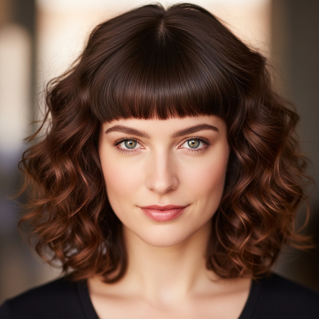15 Curly Hairstyles with Bangs That Will Instantly Upgrade Your Look (Yes, Even on Bad Hair Days) 9 Mid-Length Curls with Blunt Bangs