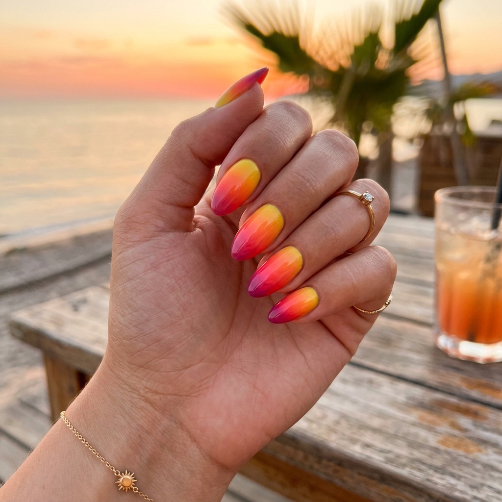 15 Summer Gel Nails That Scream “Main Character Energy” (And Yes, You’ll Want Them All) 10 Sunset Ombre Nails 2