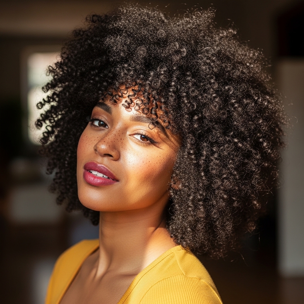 15 Curly Hairstyles with Bangs That Will Instantly Upgrade Your Look (Yes, Even on Bad Hair Days) 3 Voluminous Afro with Rounded Bangs