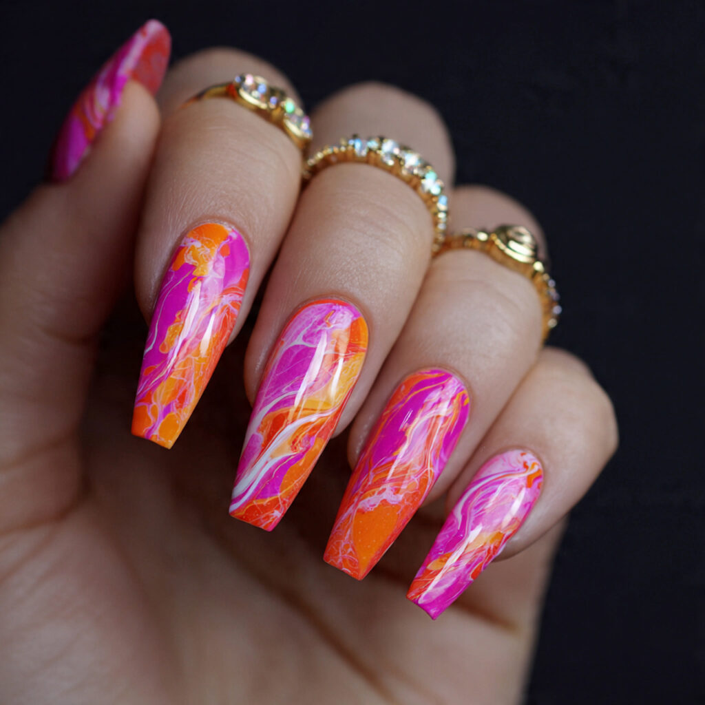14 Summer Nails Pink and Orange Ideas That Are Literally Too Cute to Ignore 11 abstract pink orange art nails