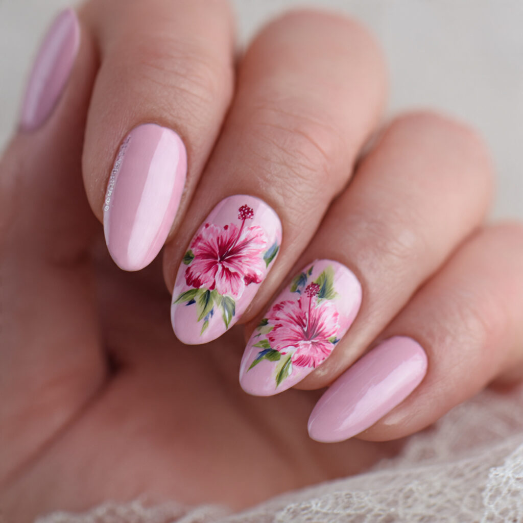 15 Hibiscus Flower Summer Nails That Are Basically a Vacation on Your Hands 12 baby pink hibiscus nails