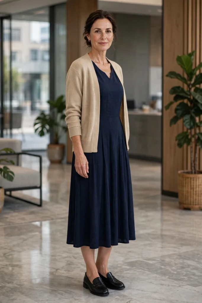 bc 02 midi dress cardigan loafers