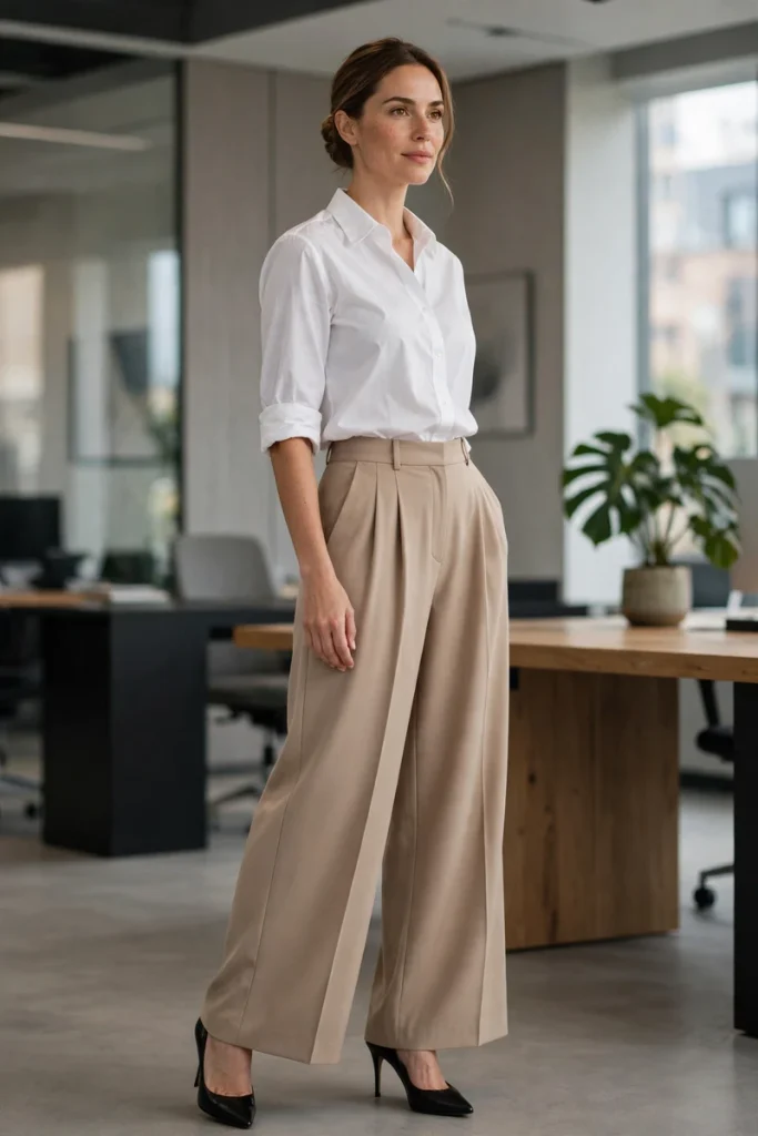 bc 13 white shirt wide leg trousers heels
