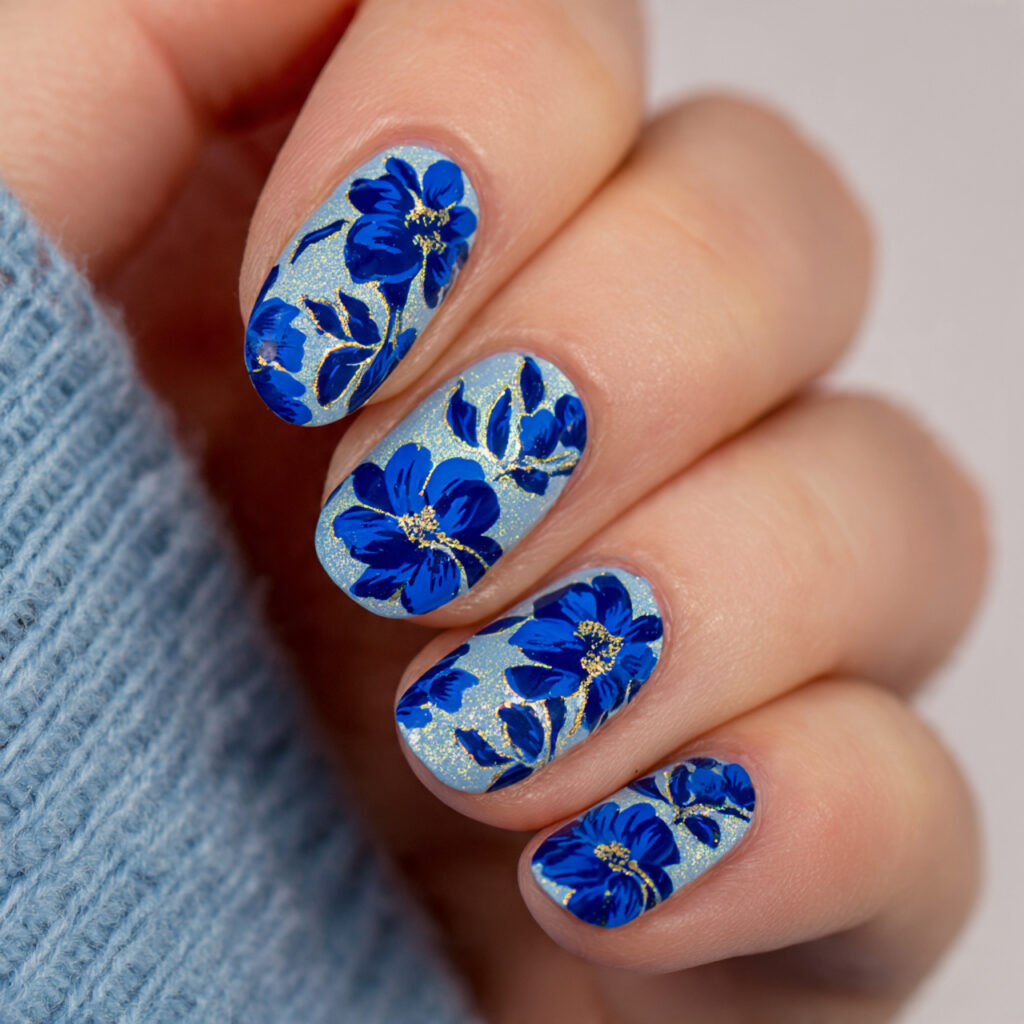 15 Blue Summer Nails That Are Giving Main Character Energy 12 blue floral nail art